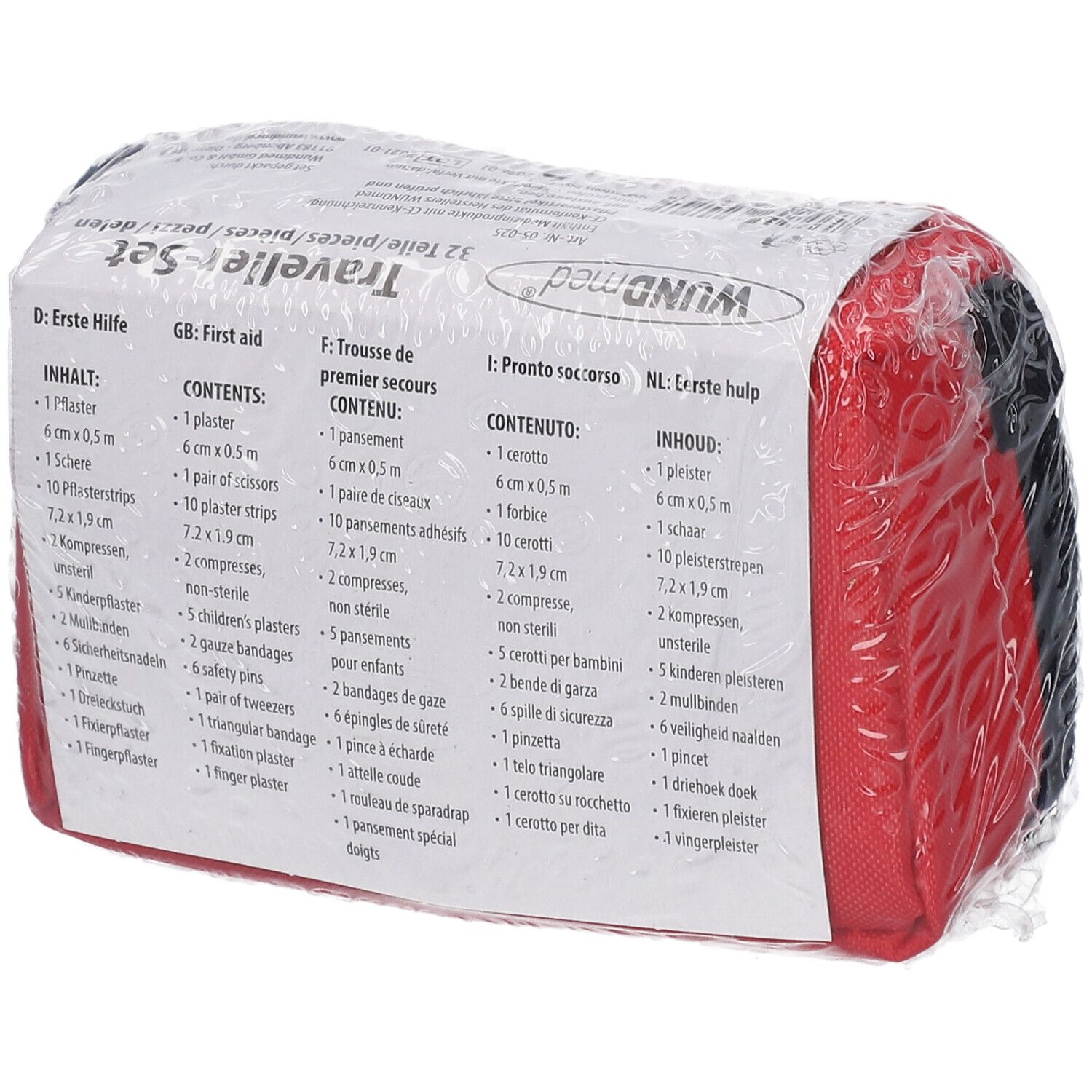 Trousse rouge avec liste du contenu en plusieurs langues. Contient 32 pièces. Emballée sous film.