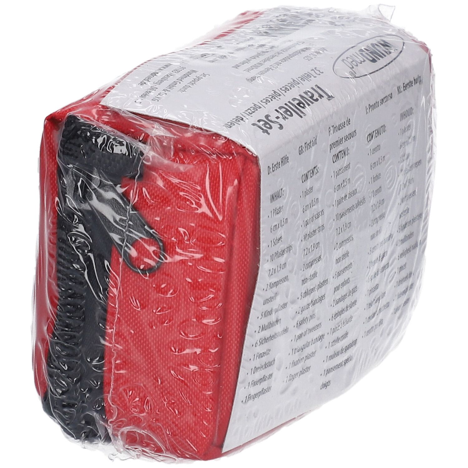 Trousse rouge avec liste du contenu en plusieurs langues. Contient 32 pièces. Emballée sous film.