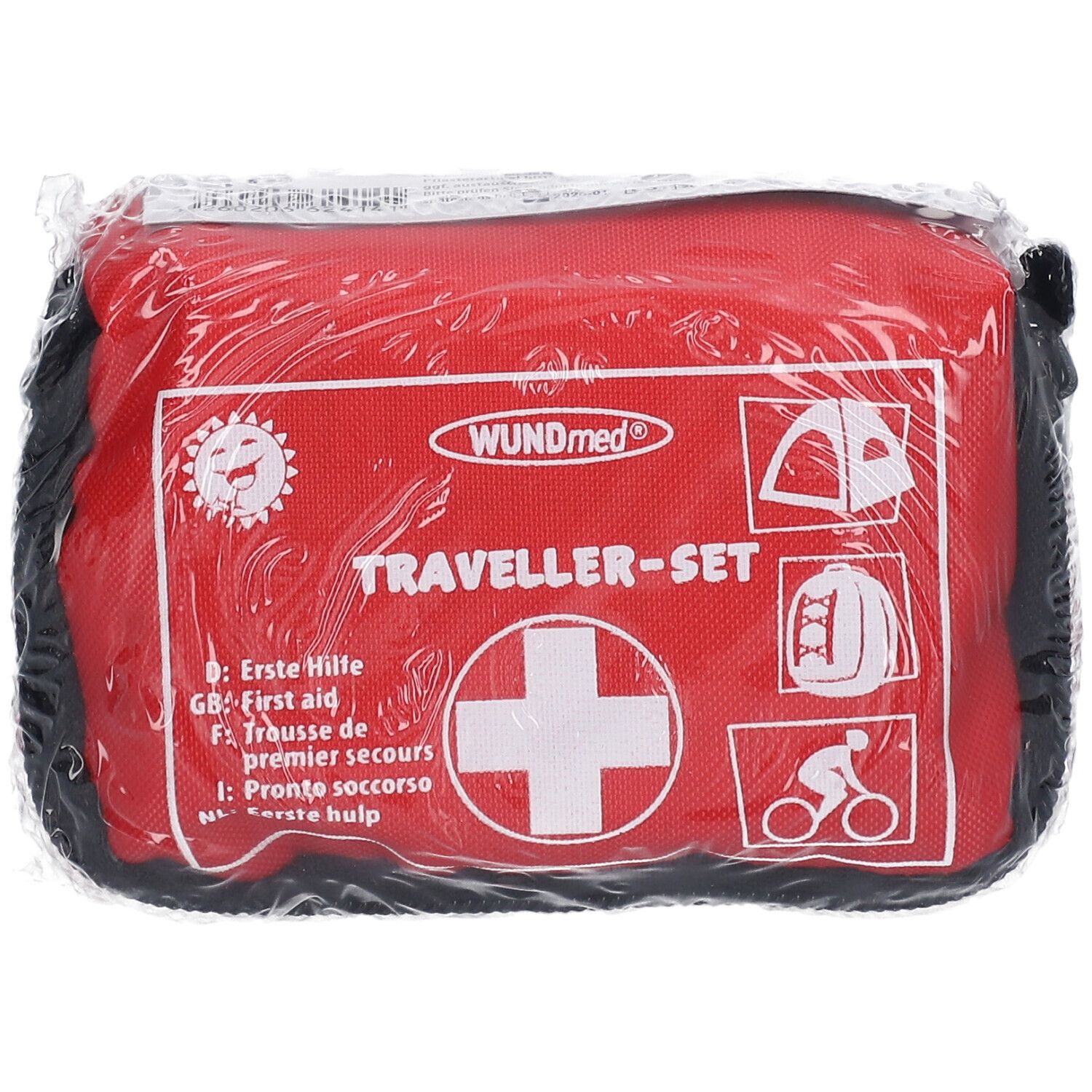 Trousse rouge avec croix blanche et inscription 'Traveller-Set'. Contient 32 pièces. Emballée sous film.
