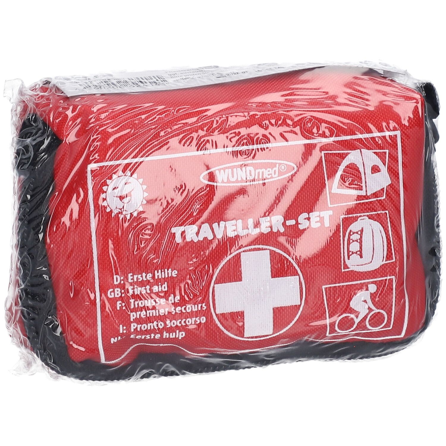 Trousse rouge avec croix blanche et inscription 'Traveller-Set'. Contient 32 pièces. Emballée sous film.