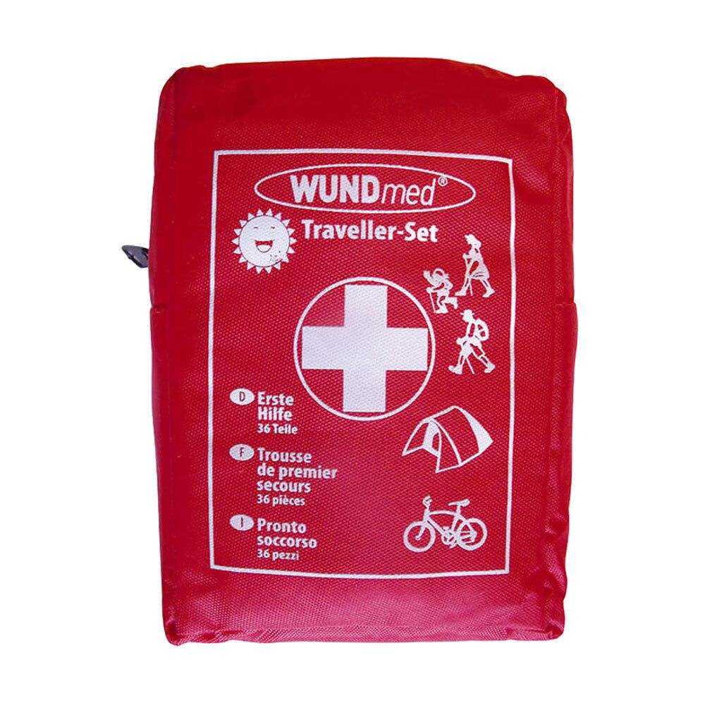 Trousse de premiers secours rouge, rectangulaire, avec croix blanche et logo. Contient 36 pièces. Marque : WUNDmed® Traveller-Set.