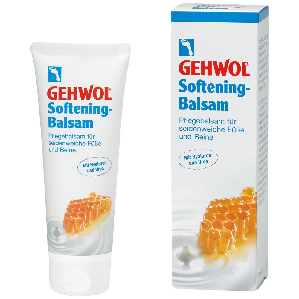 Tube et emballage GEHWOL Softening-Balsam. Blanc, bleu et rouge. Illustration en nid d'abeille. Texte : Baume de soin pour les pieds et les jambes.