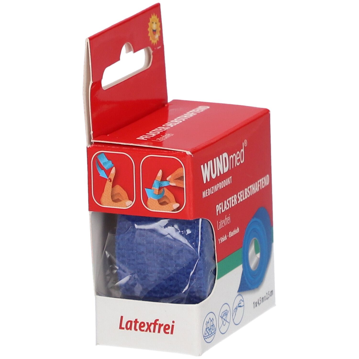 Dos de l'emballage plastique avec informations produit. Inscription : WUNDmed auto-adhésif, sans latex. Date de péremption.
