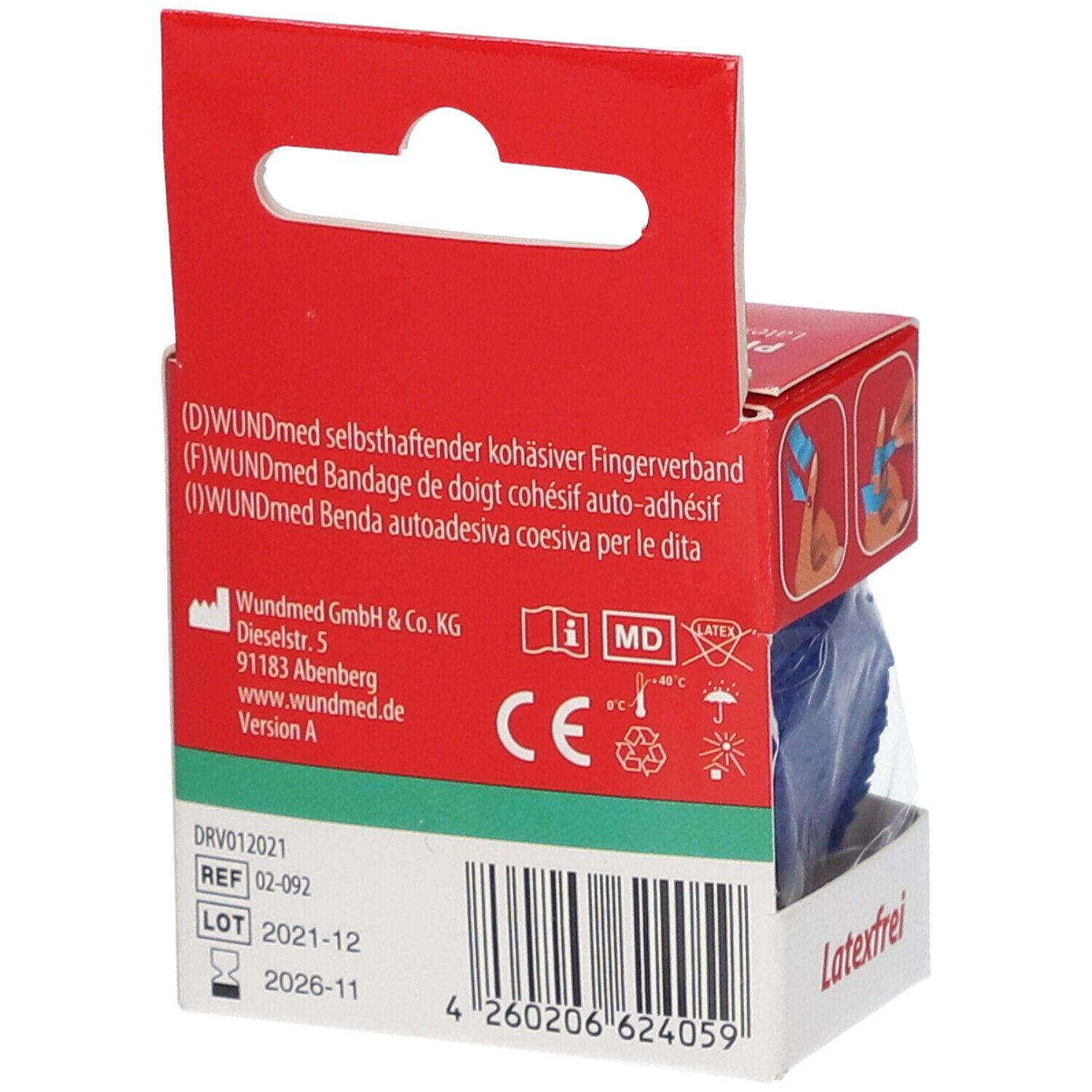Emballage carton avec bandage bleu pour doigt. Inscription : WUNDmed, sans latex. Marquage CE. Informations produit.