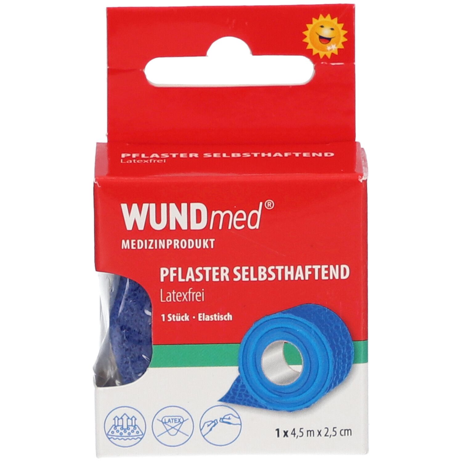 Emballage carton rouge avec pansement bleu. Inscription : WUNDmed, 1 pièce, élastique, sans latex. Dimensions : 1 x 4,5 m x 2,5 cm.