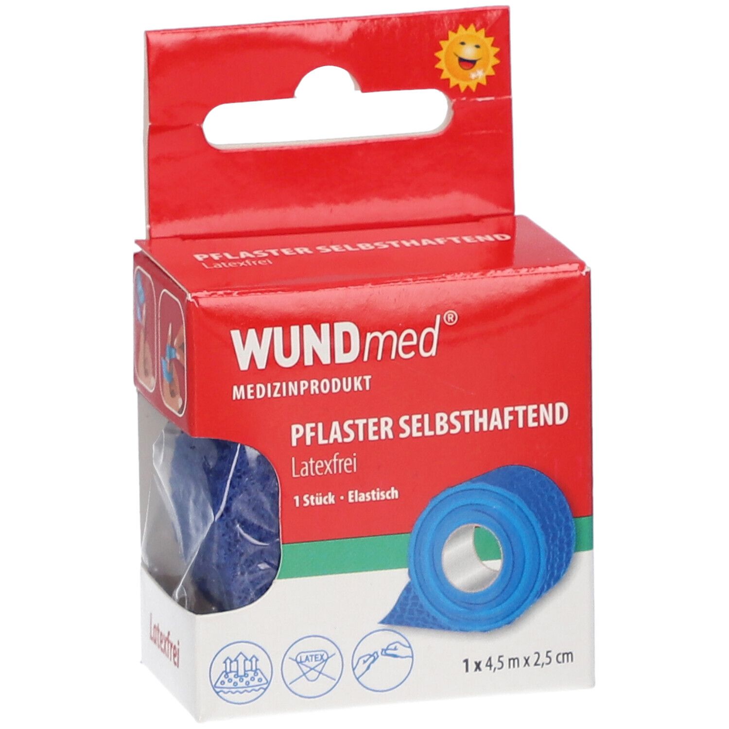 Emballage carton rouge avec pansement bleu. Inscription : WUNDmed, 1 pièce, élastique, sans latex. Dimensions : 1 x 4,5 m x 2,5 cm.