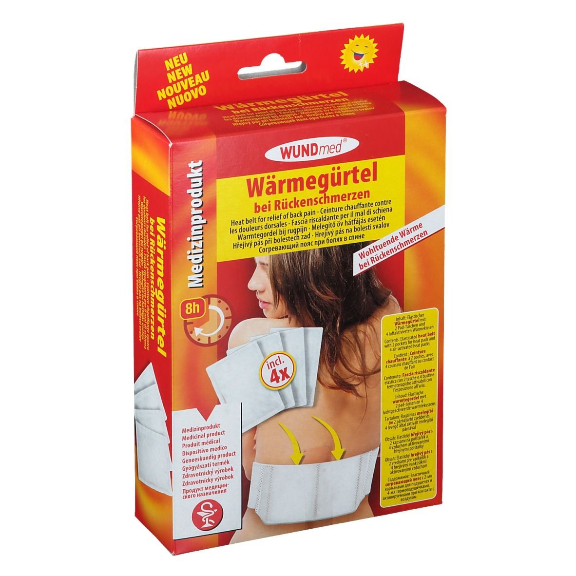 Emballage WUNDmed Wärmegürtel. Boîte rouge avec image du produit et texte. Contient 4 coussinets chauffants. Produit médical.