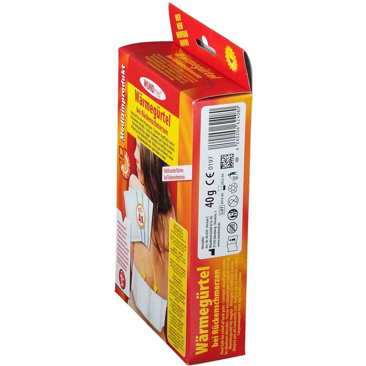 Vue latérale de l'emballage WUNDmed Wärmegürtel. Boîte rouge avec informations sur le produit et code-barres. 40g. Produit médical.