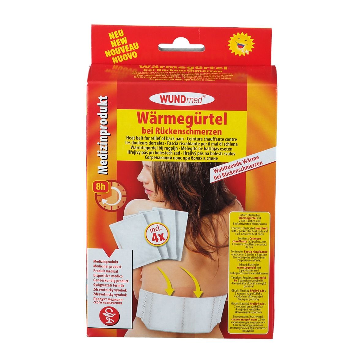 Emballage WUNDmed Wärmegürtel. Boîte rouge avec image du produit et texte. Contient 4 coussinets chauffants. Produit médical.