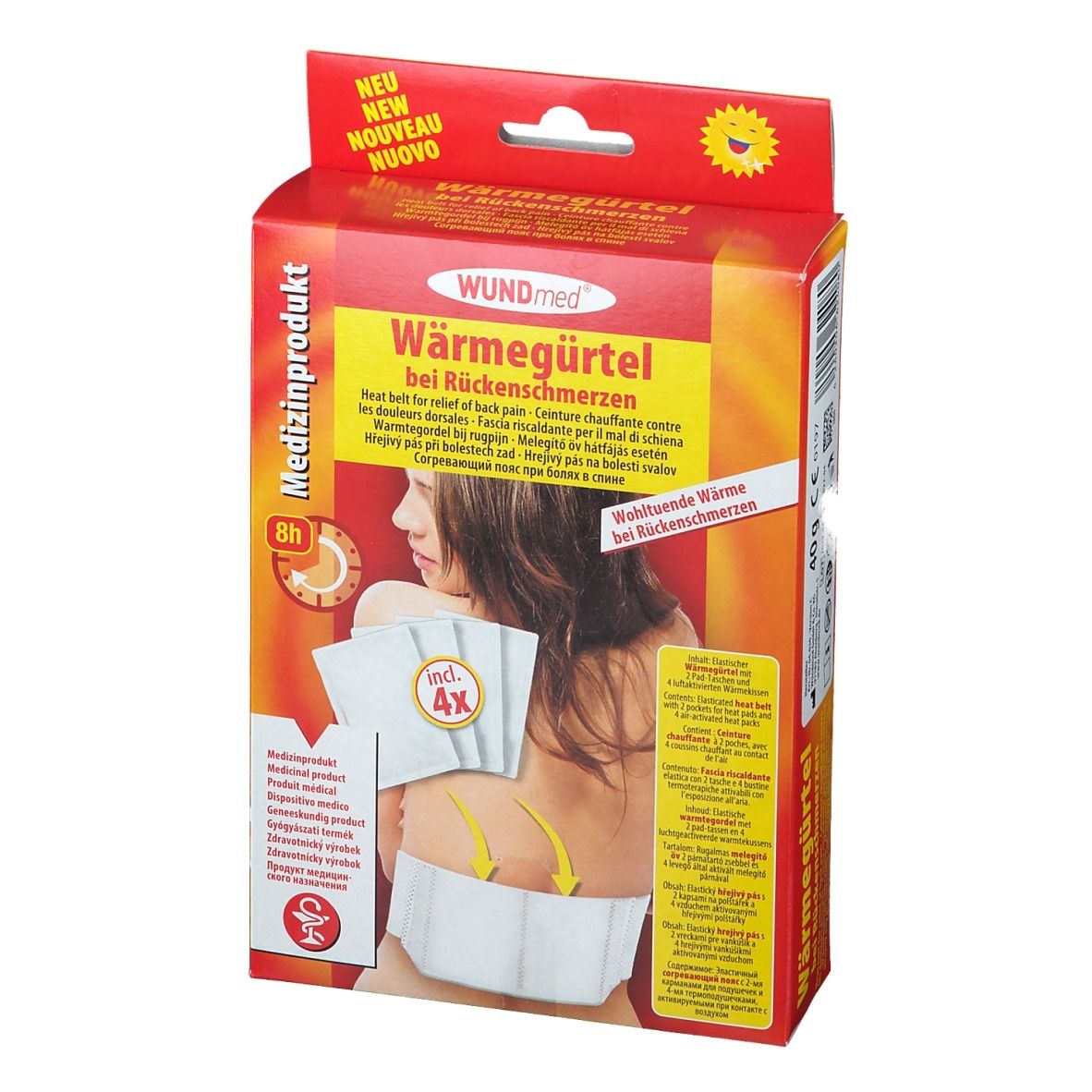Emballage WUNDmed Wärmegürtel. Boîte rouge avec image du produit et texte. Contient 4 coussinets chauffants. Produit médical.