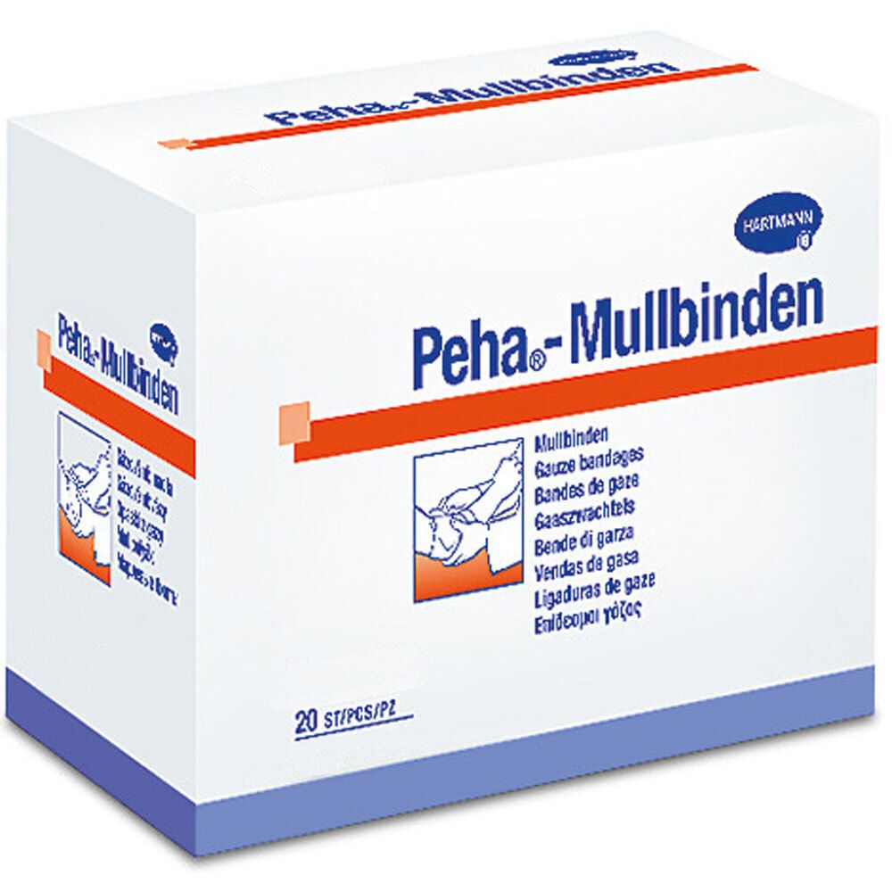 Boîte de Peha-Mullbinden. Inscription : Peha-Mullbinden, 20 pièces/paquet. Illustration d'une main bandée. Marque : Hartmann.