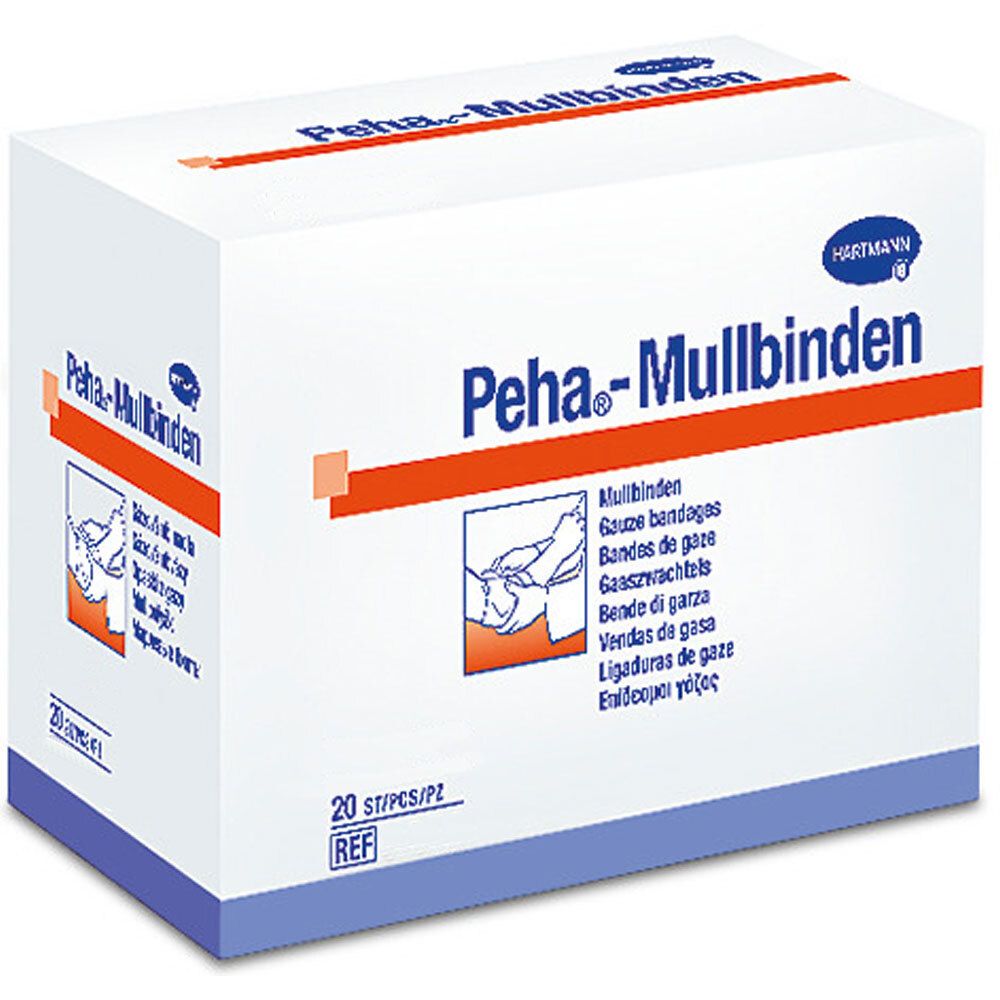 Emballage de Peha-Mullbinden. Boîte blanche avec nom et logo du produit. Contient 20 pièces.