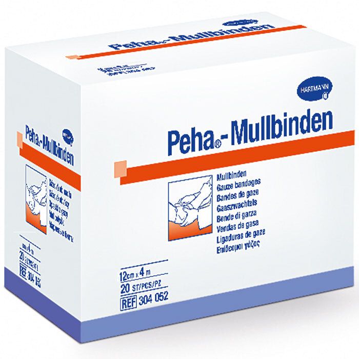 Boîte blanche avec texte bleu et orange. Inscription : Peha-Mullbinden, Hartmann. Contient 20 pièces, 12cm x 4m.