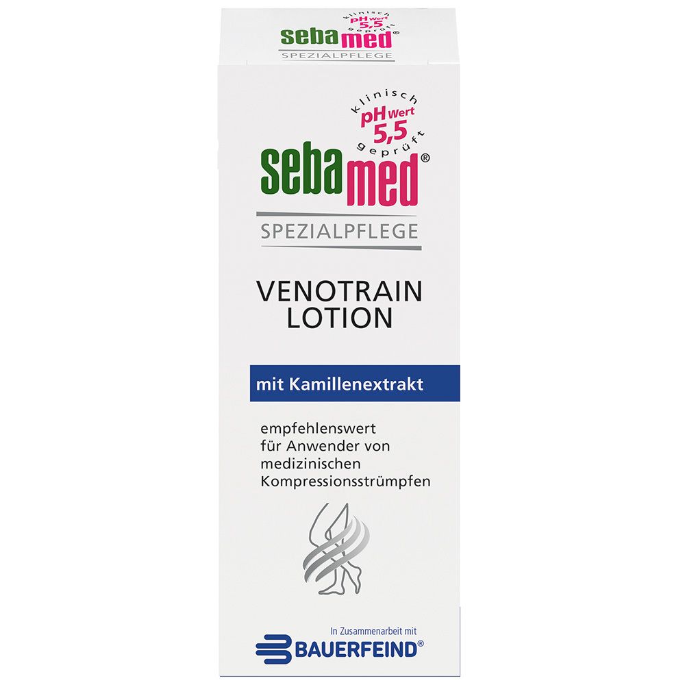 Boîte blanche avec nom et logo du produit. Texte : VenoTrain Lotion, avec extrait de camomille. En collaboration avec Bauerfeind.
