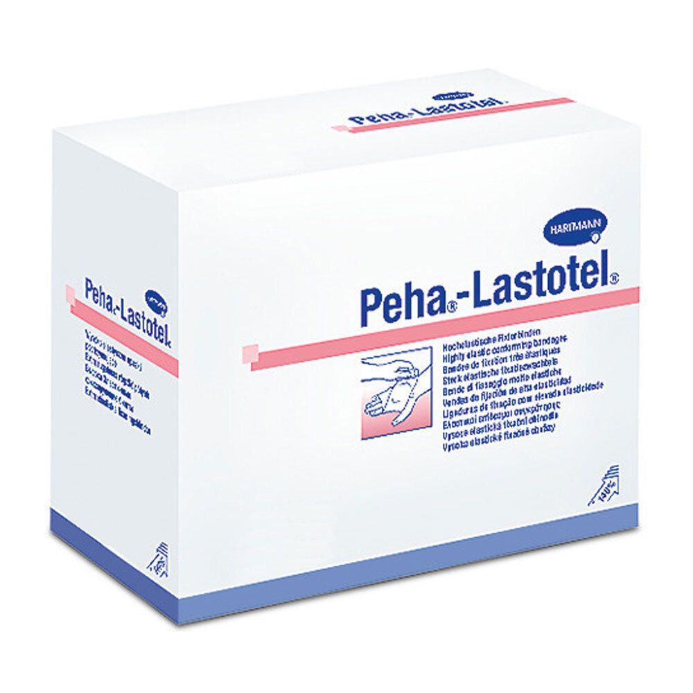Boîte blanche avec inscription Peha-Lastotel, logo Hartmann. Inscription : bandages de fixation très élastiques. Illustration d'une main.