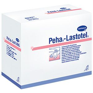 Boîte blanche avec texte Peha-Lastotel et accents roses. Logo Hartmann. Informations produit multilingues.