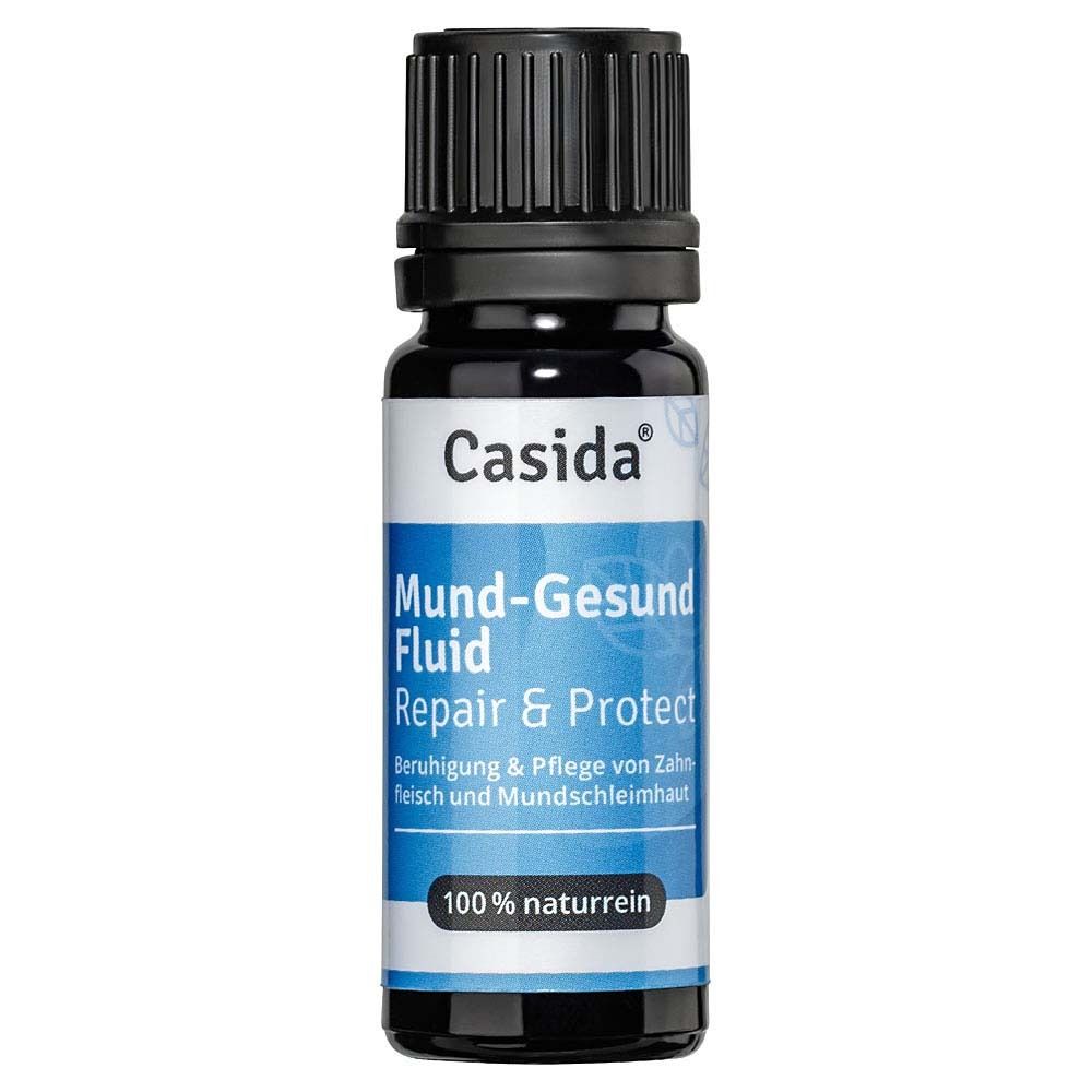 Flacon et emballage de Mund-Gesund-Fluid Repair & Protect. Ingrédients naturels. Informations produit.