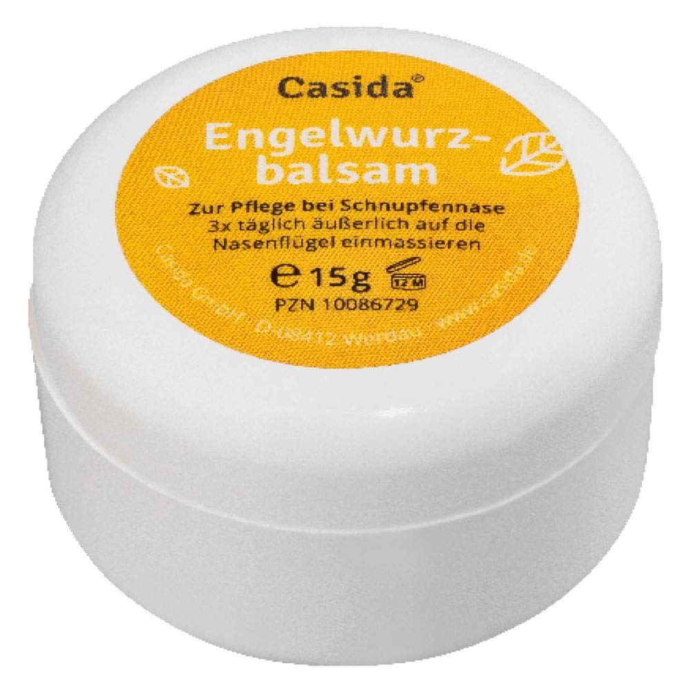 Pot blanc avec couvercle jaune. Inscription: Casida Engelwurzbalsam. Contenu: 15g.