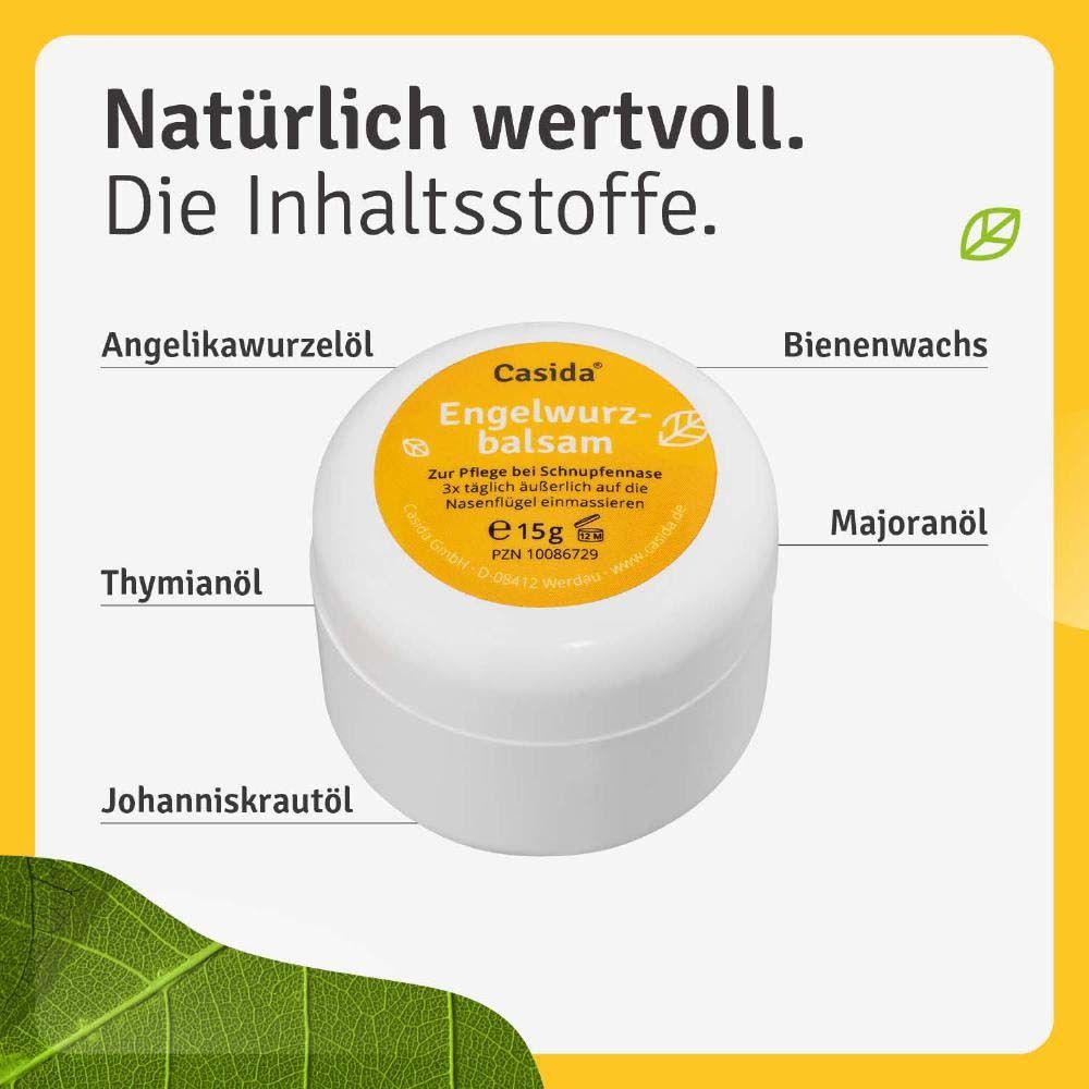 Fond jaune avec produit. Inscription: Casida Engelwurzbalsam. Ingrédients: Huile de racine d'angélique, cire d'abeille, etc.