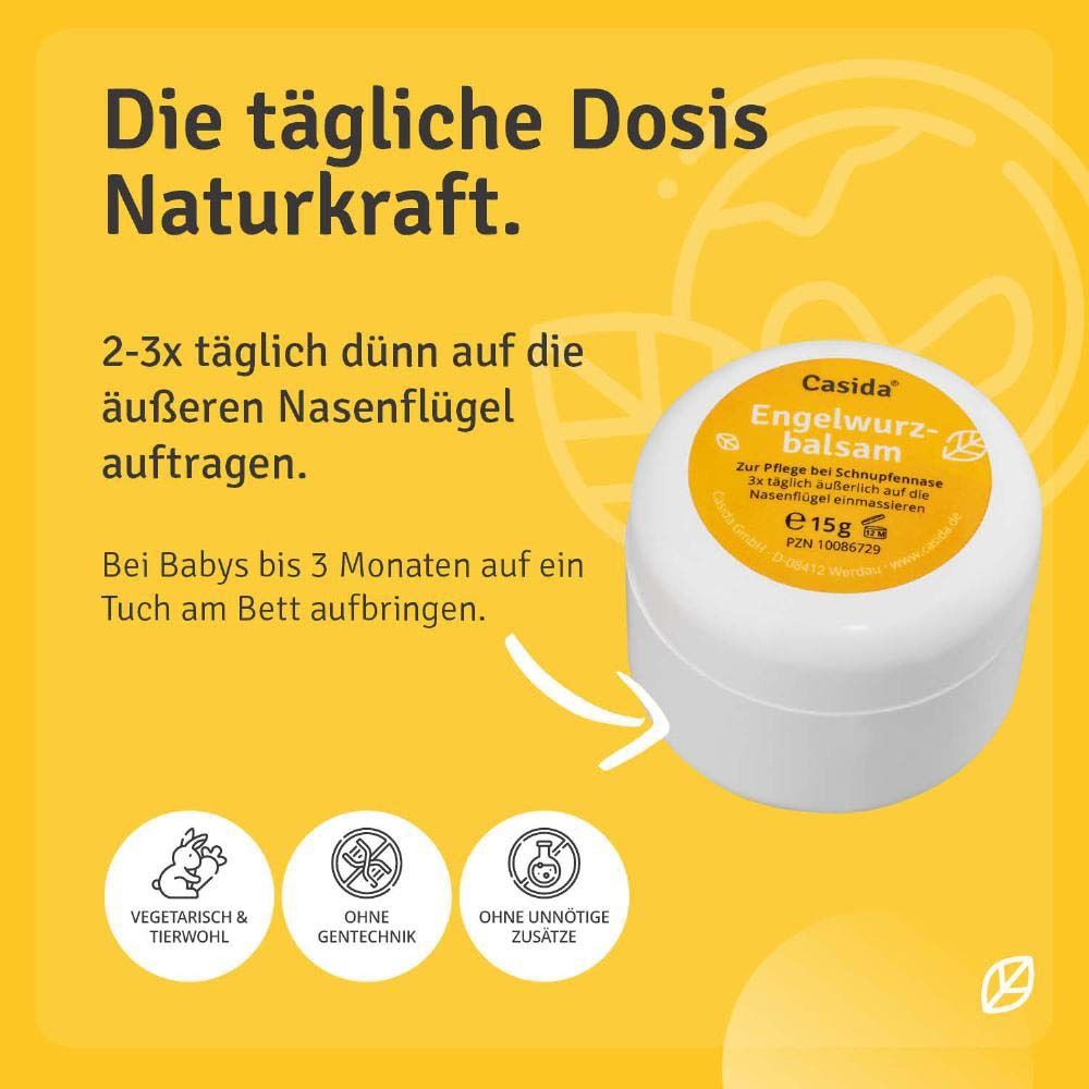 Fond jaune avec produit. Inscription: Casida Engelwurzbalsam. Application: Appliquer 2-3x par jour sur les ailes du nez.