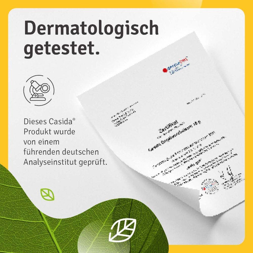 Document avec certificat. Inscription: Testé dermatologiquement. Produit Casida testé par un institut d'analyse allemand.