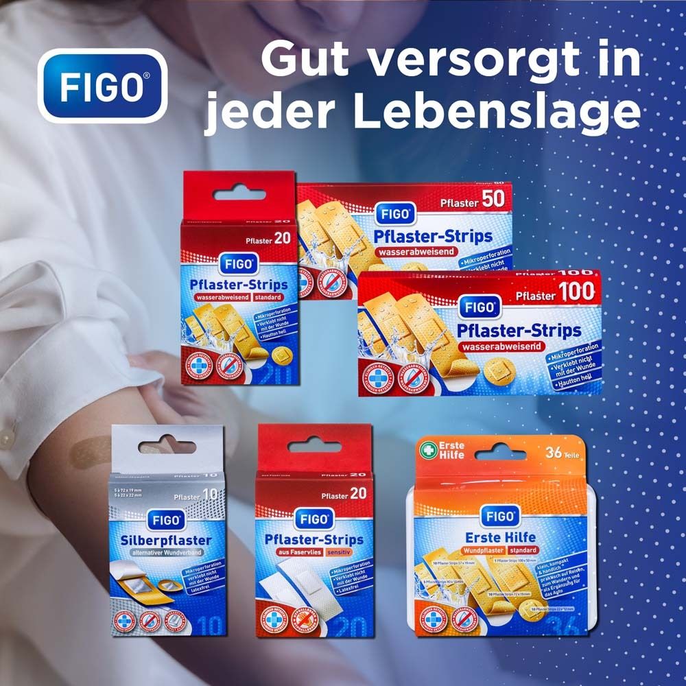 Gamme de pansements Figo : bandes et pansements argentés en différentes tailles de boîte.
