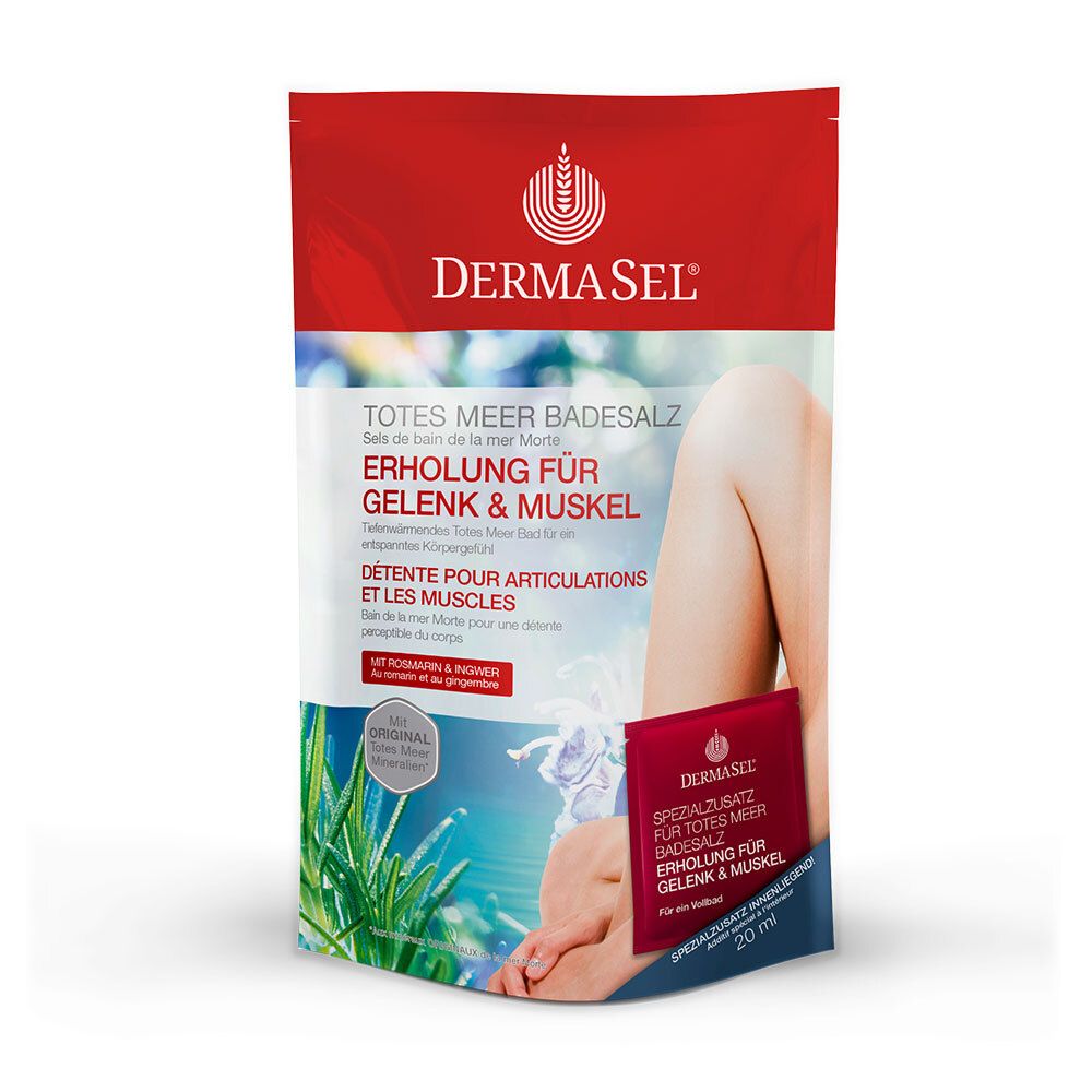 Emballage de sel de bain DERMASEL. Emballage rouge avec nom du produit et texte : Détente pour articulations et muscles. Petit sachet avec nom du produit.