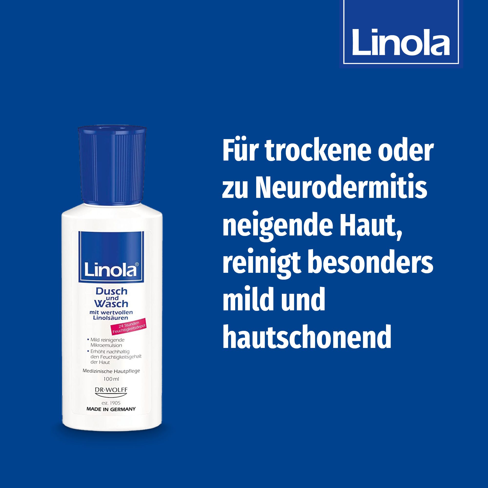 Gel douche Linola Dusch und Wasch. Bouteille à bouchon bleu et étiquette blanche. Texte: Pour peaux sèches ou à tendance atopique.