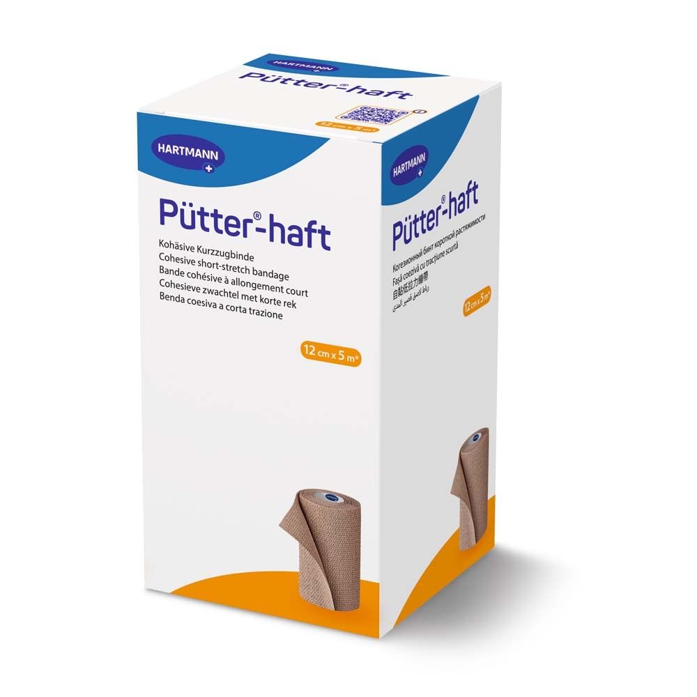Pütter®-haft, bandage cohésif à allongement court. Boîte avec image du produit. 12 cm x 5 m. Logo Hartmann.