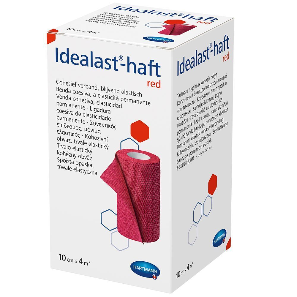 Bande cohésive rouge Idealast-haft, 10cm x 4m, en boîte. Nom du produit et taille visibles.