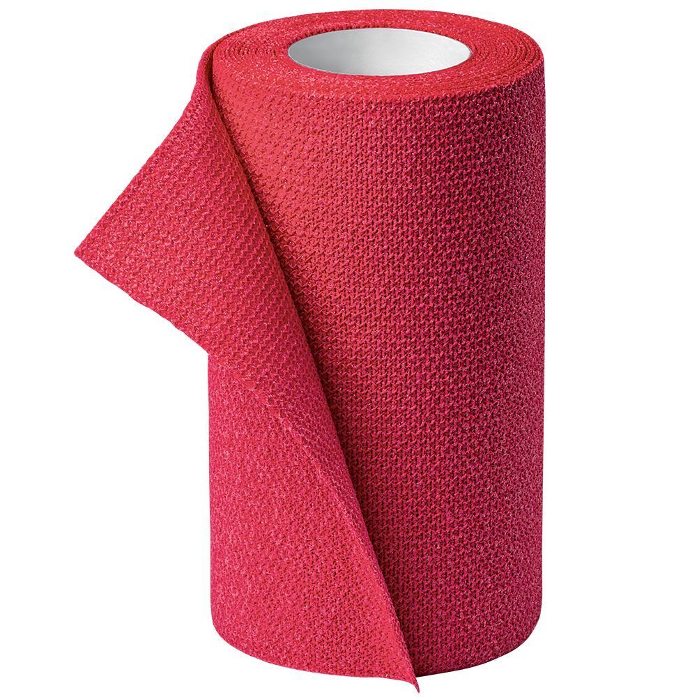 Rouleau de bande cohésive rouge. Structure du matériau visible. Nom du produit non visible.