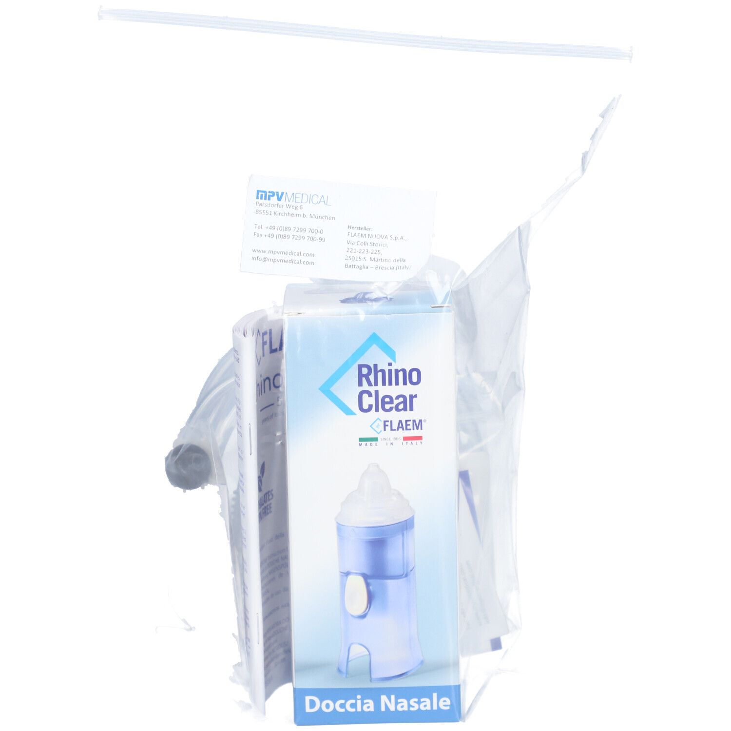 Rhino Clear douche nasale dans un sac. Douche nasale bleue, emballage avec nom et logo du produit. Accessoires et dépliants.