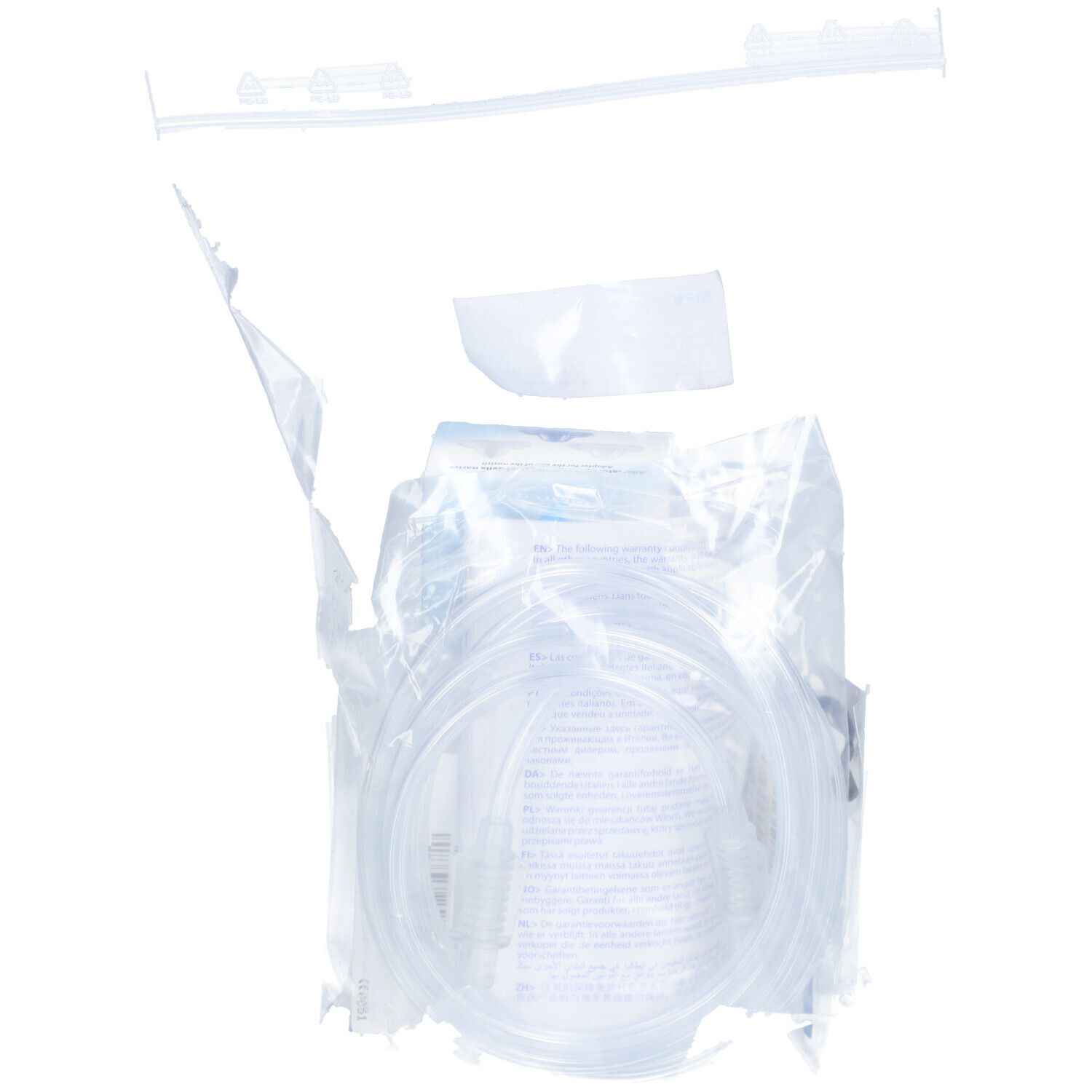 Tubes transparents et accessoires dans un sac. Composants individuels pour la douche nasale.
