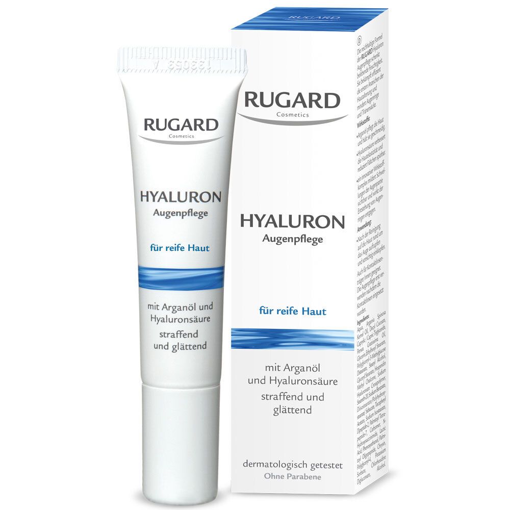 Tube et emballage de soin pour les yeux. Tube avec bouchon blanc, inscription RUGARD, HYALURON Augenpflege. Emballage avec informations.