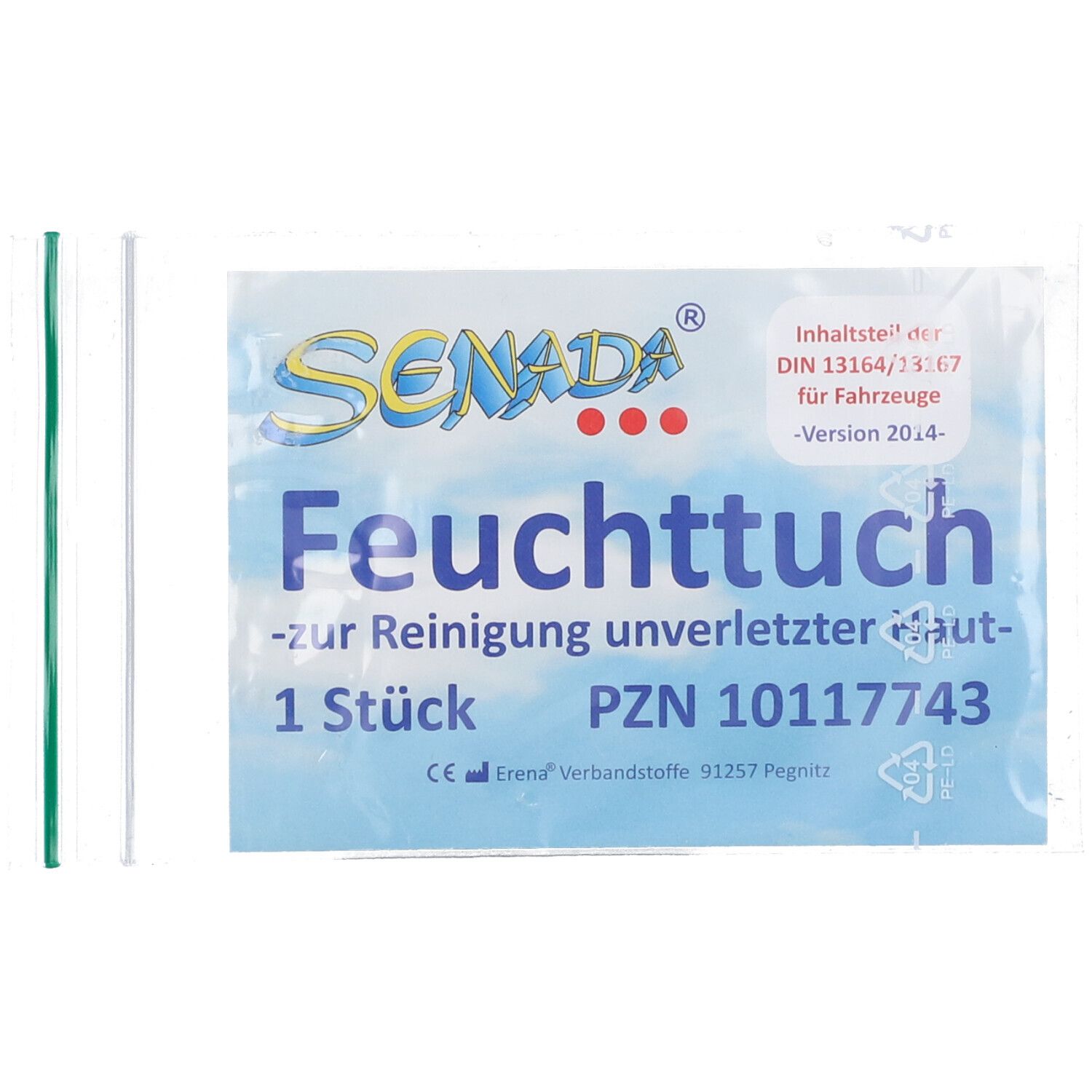 Emballage de lingette avec nom du produit, texte et numéro PZN. Lingette unique, bandes vertes et blanches.