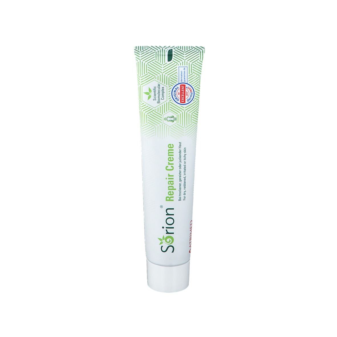Tube de crème avec bouchon vert et texte. Inscription : Sorion Repair Creme. Certifications et logos.