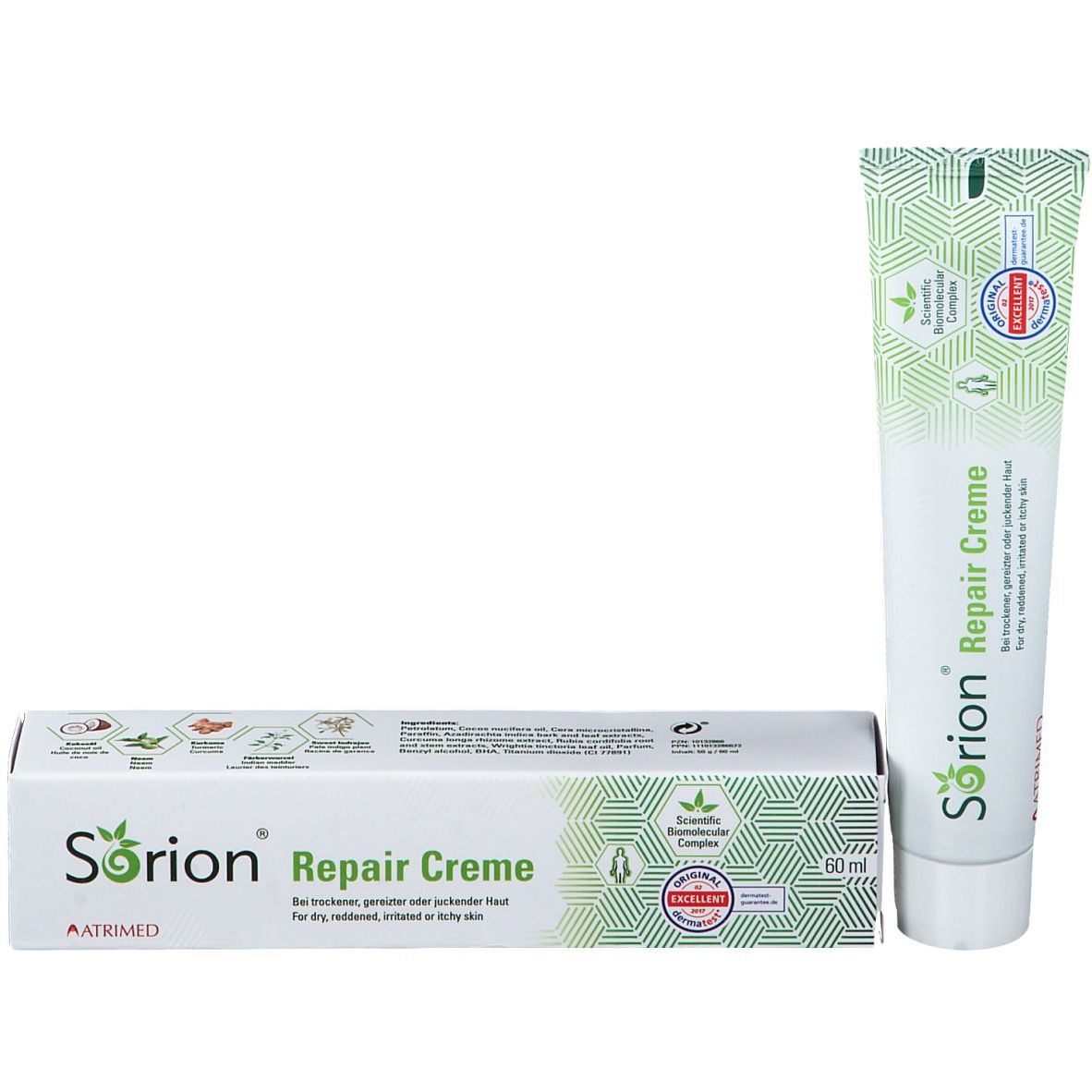 Tube de crème et boîte. Inscription : Sorion Repair Creme. Emballage vert et blanc. Certifications et logos.