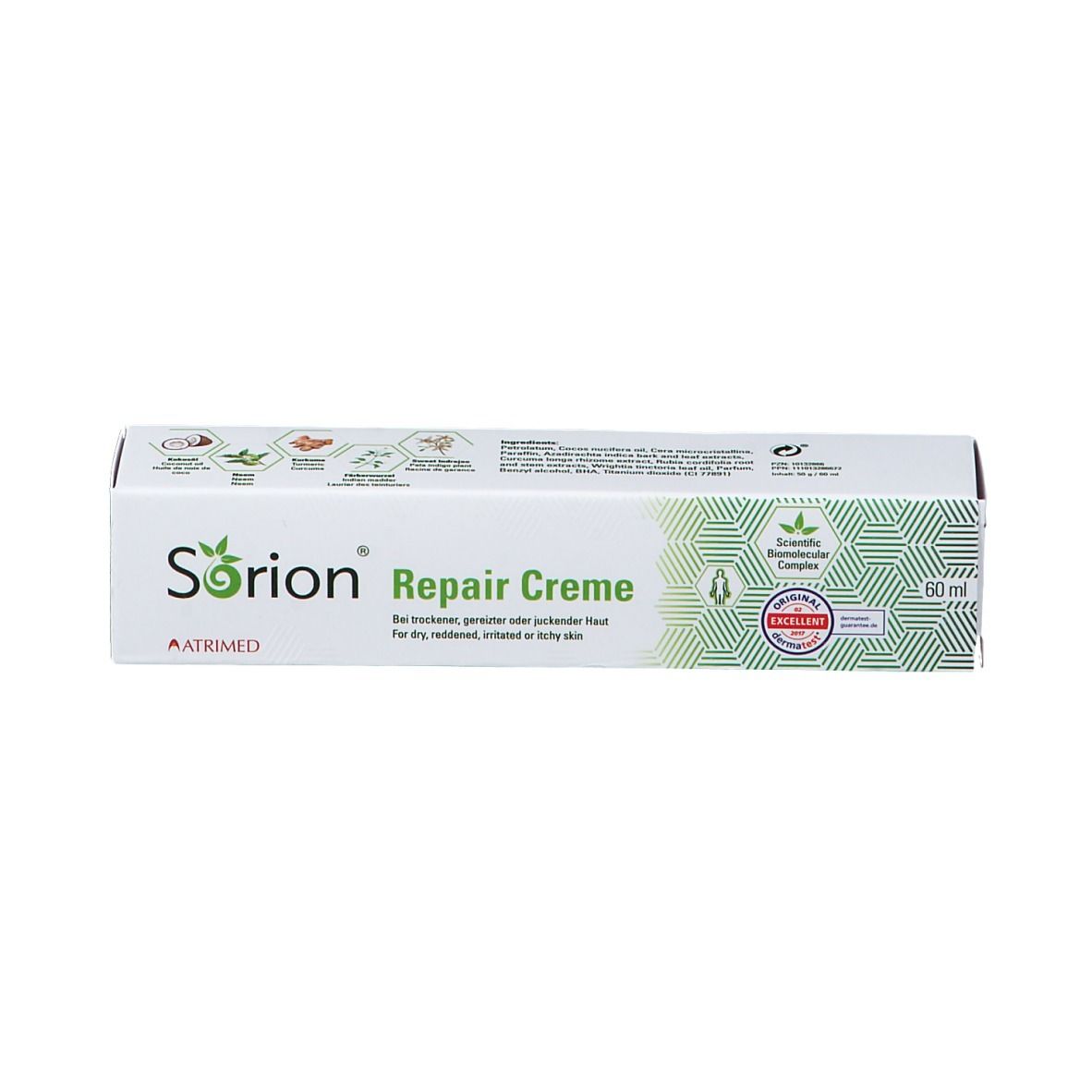 Boîte avec inscription : Sorion Repair Creme. Emballage vert et blanc. Certifications et logos.