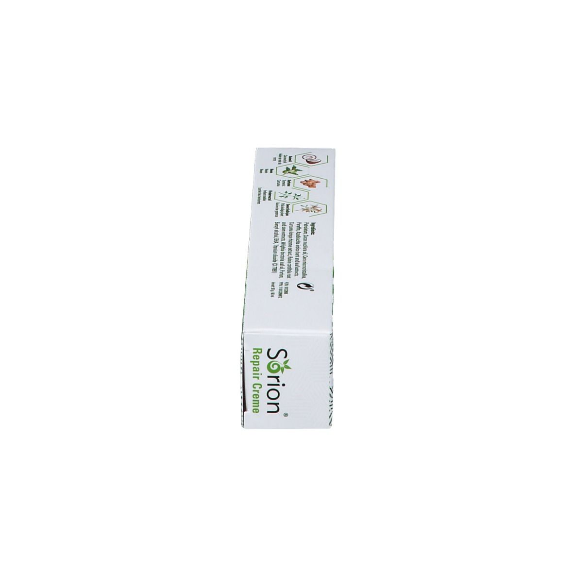 Vue latérale de la boîte. Inscription : Sorion Repair Creme. Emballage vert et blanc.
