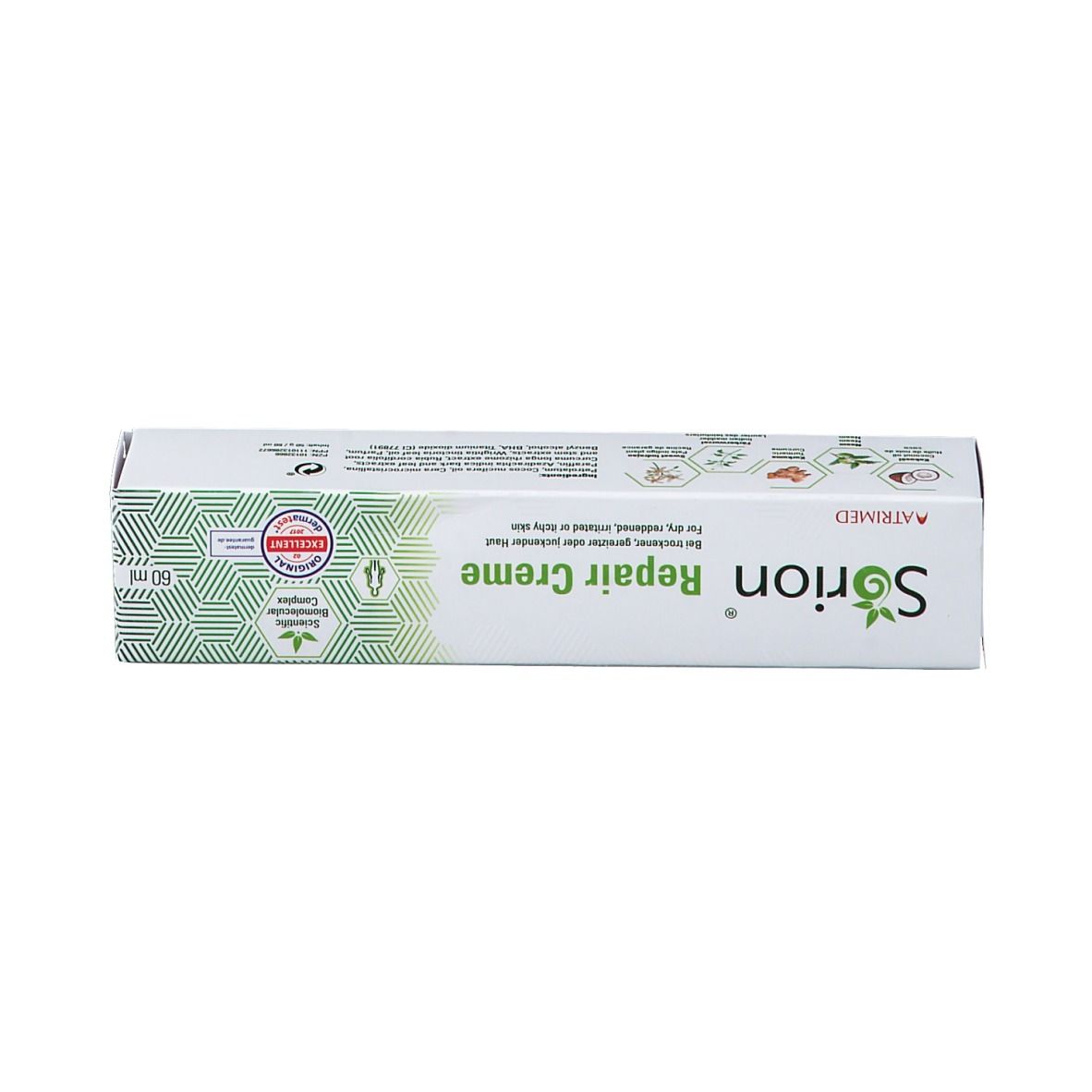 Boîte avec inscription : Sorion Repair Creme. Emballage vert et blanc. Certifications et logos.