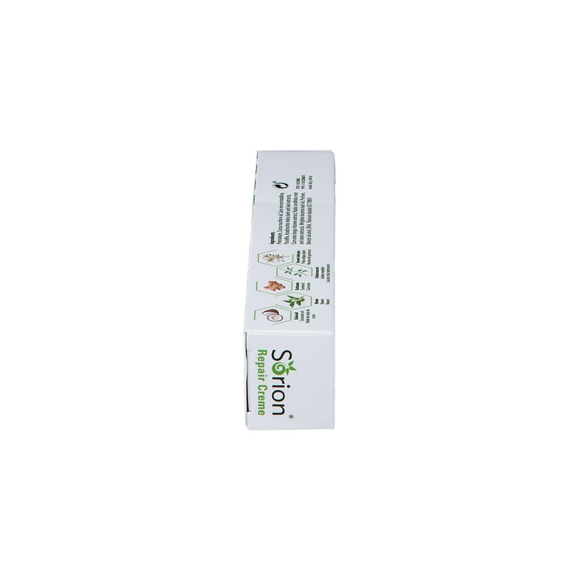 Vue latérale de la boîte. Inscription : Sorion Repair Creme. Emballage vert et blanc.