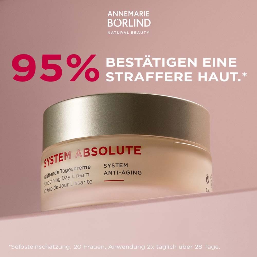 Pot de crème. Inscription : SYSTEM ABSOLUTE, Crème de Jour Lissante, Smoothing Day Cream, Glättende Tagescreme, ANTI-ÂGE.