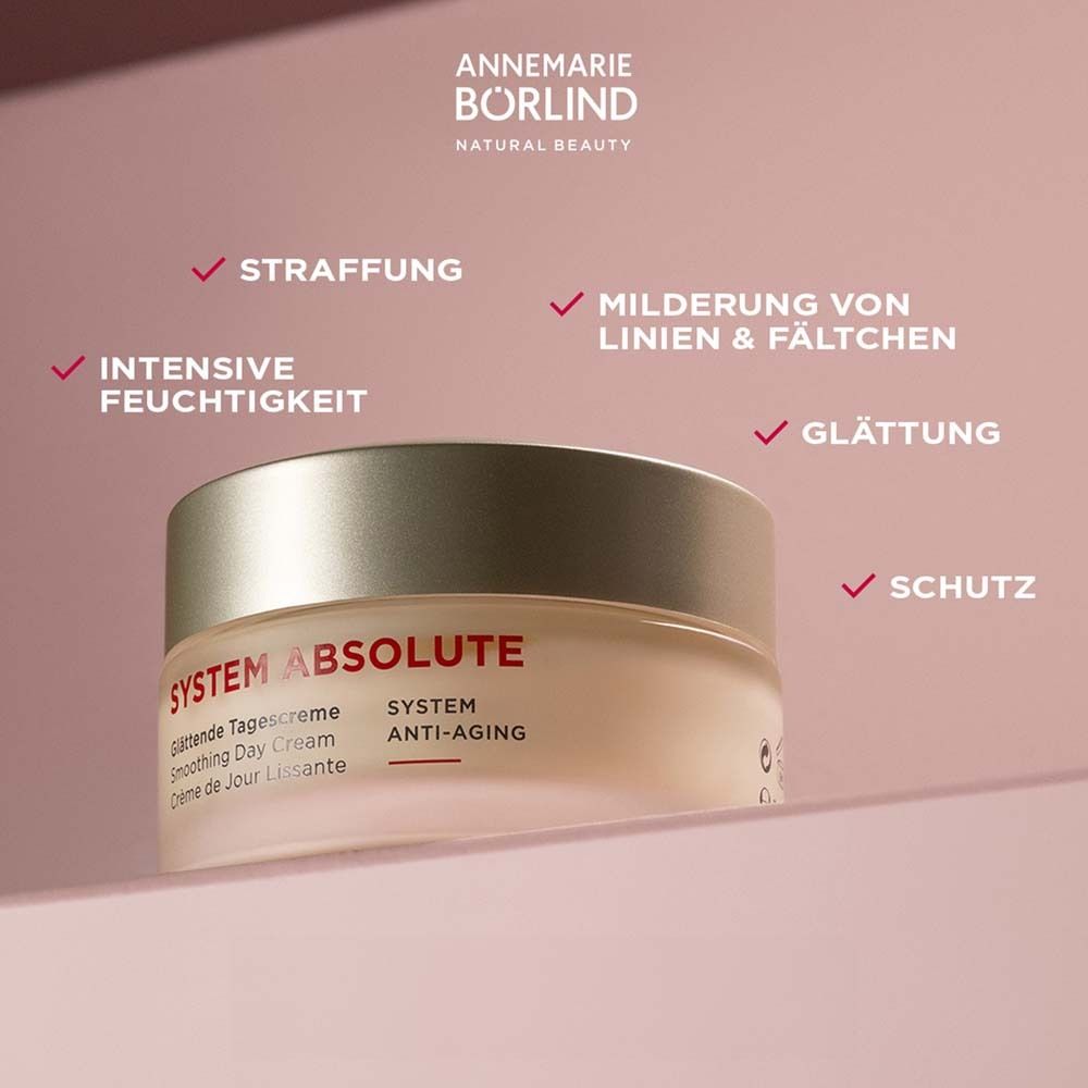 Pot de crème. Inscription : SYSTEM ABSOLUTE, Crème de Jour Lissante, Smoothing Day Cream, Glättende Tagescreme, ANTI-ÂGE.