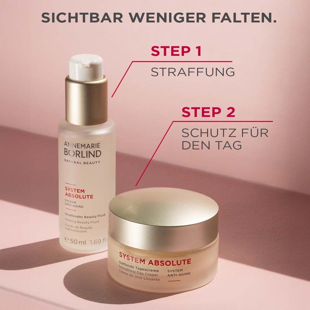 Pot de crème et flacon. Inscription : SYSTEM ABSOLUTE, Crème de Jour Lissante, Smoothing Day Cream, Glättende Tagescreme, 50ml.