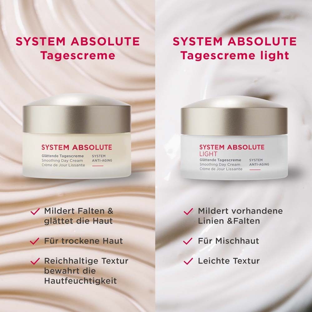 Deux pots de crème. Gauche : SYSTEM ABSOLUTE Tagescreme. Droite : SYSTEM ABSOLUTE LIGHT Tagescreme. Texte : Atténue les rides et lisse la peau.