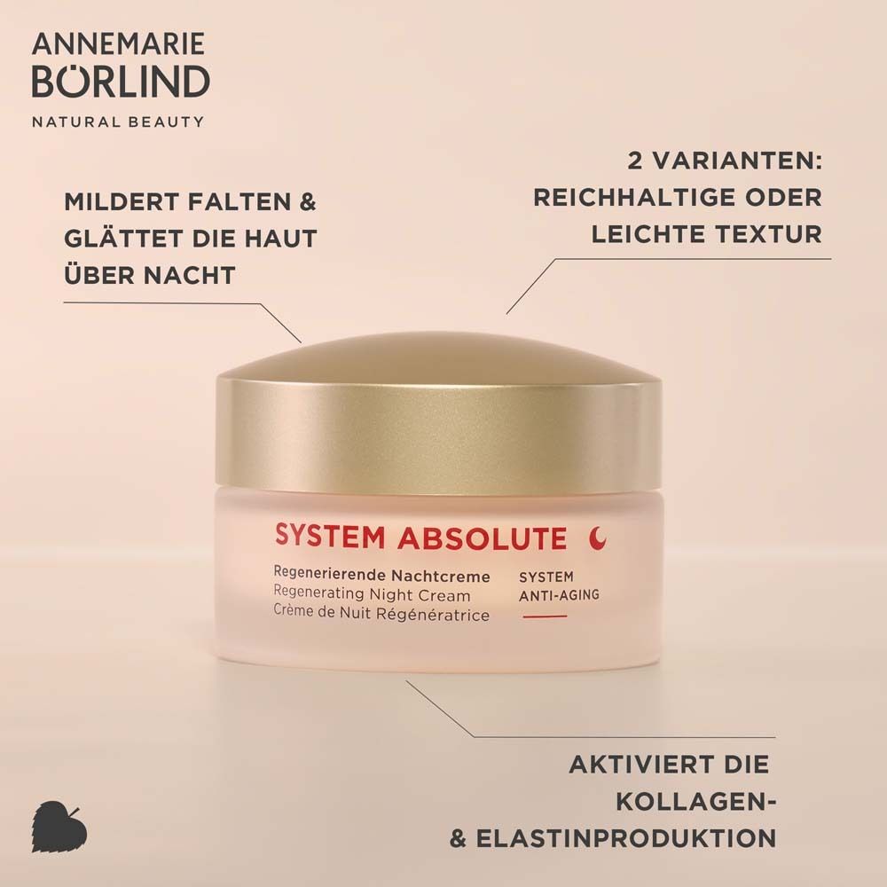 Pot de crème avec couvercle. Texte : SYSTEM ABSOLUTE LIGHT, Crème de Nuit Régénératrice. Indications : 2 variantes, active le collagène.