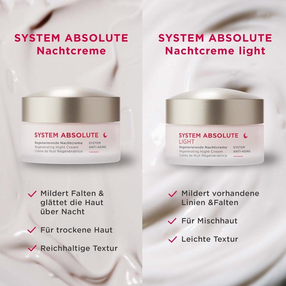 Deux pots de crème côte à côte. Gauche : SYSTEM ABSOLUTE Crème de nuit. Droite : SYSTEM ABSOLUTE LIGHT Crème de nuit.
