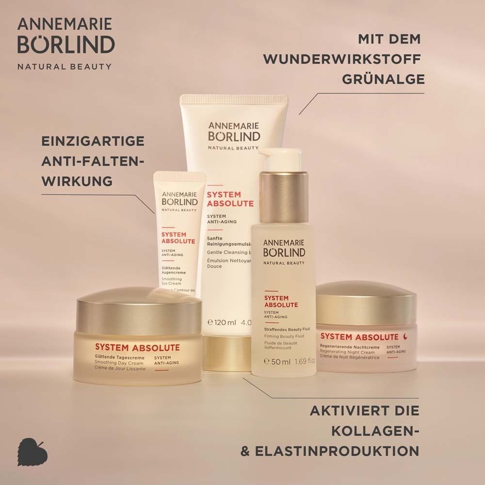 Gamme de produits : crèmes, nettoyage, sérum. Texte : SYSTEM ABSOLUTE, active la production de collagène et d'élastine.