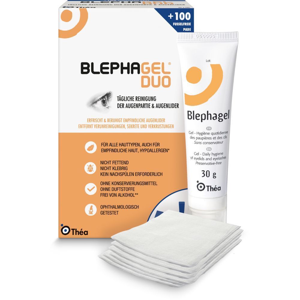Boîte Blephagel Duo avec gel, pads et texte. Contient 100 pads. Tube de gel de 30g. Marque: Théa.