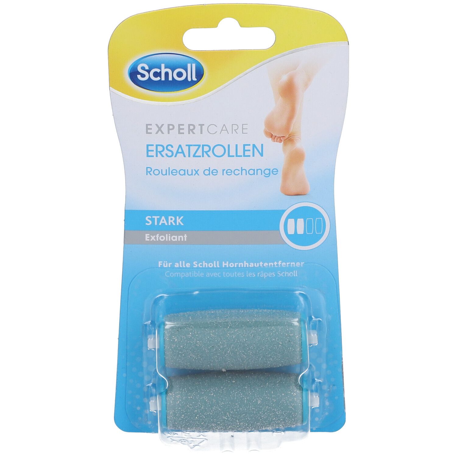 Recharges Scholl Expert Care en blister. Deux rouleaux gris, étiquetés "STARK" et "Exfoliant".